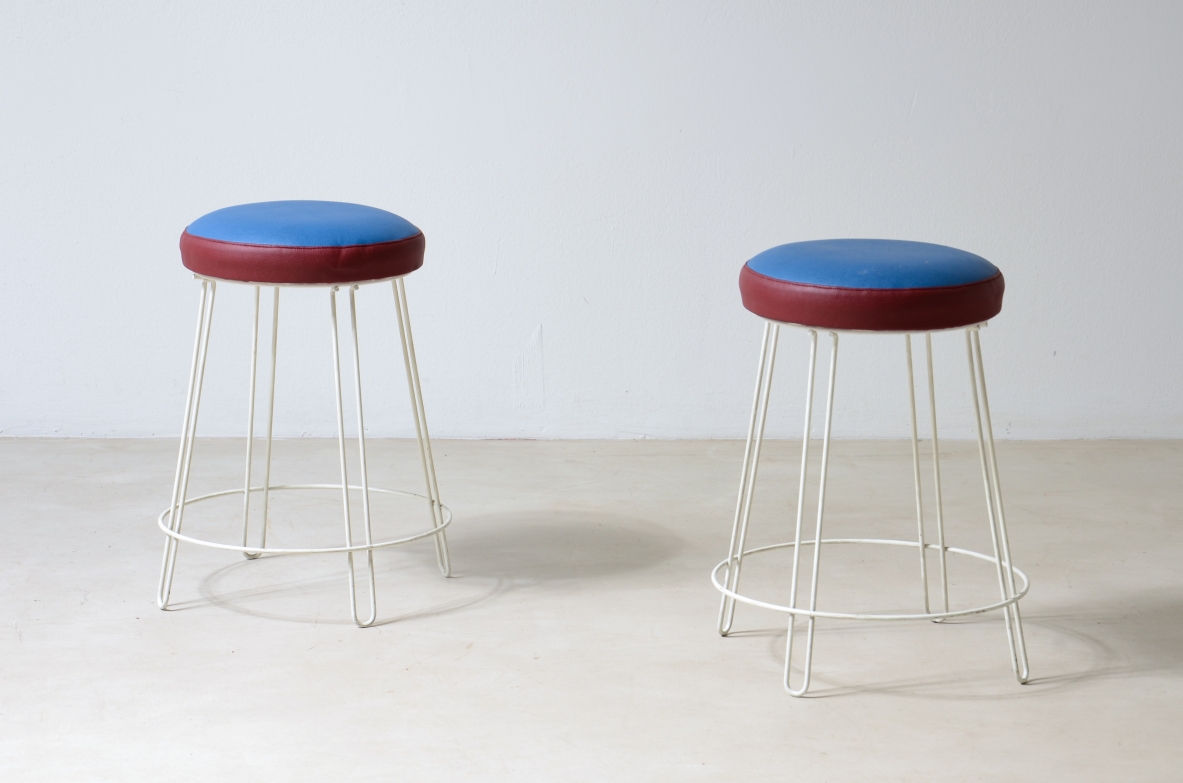 Pair of Italian stools in curved metalwork with upholstered seat.  1950's Manufacture.