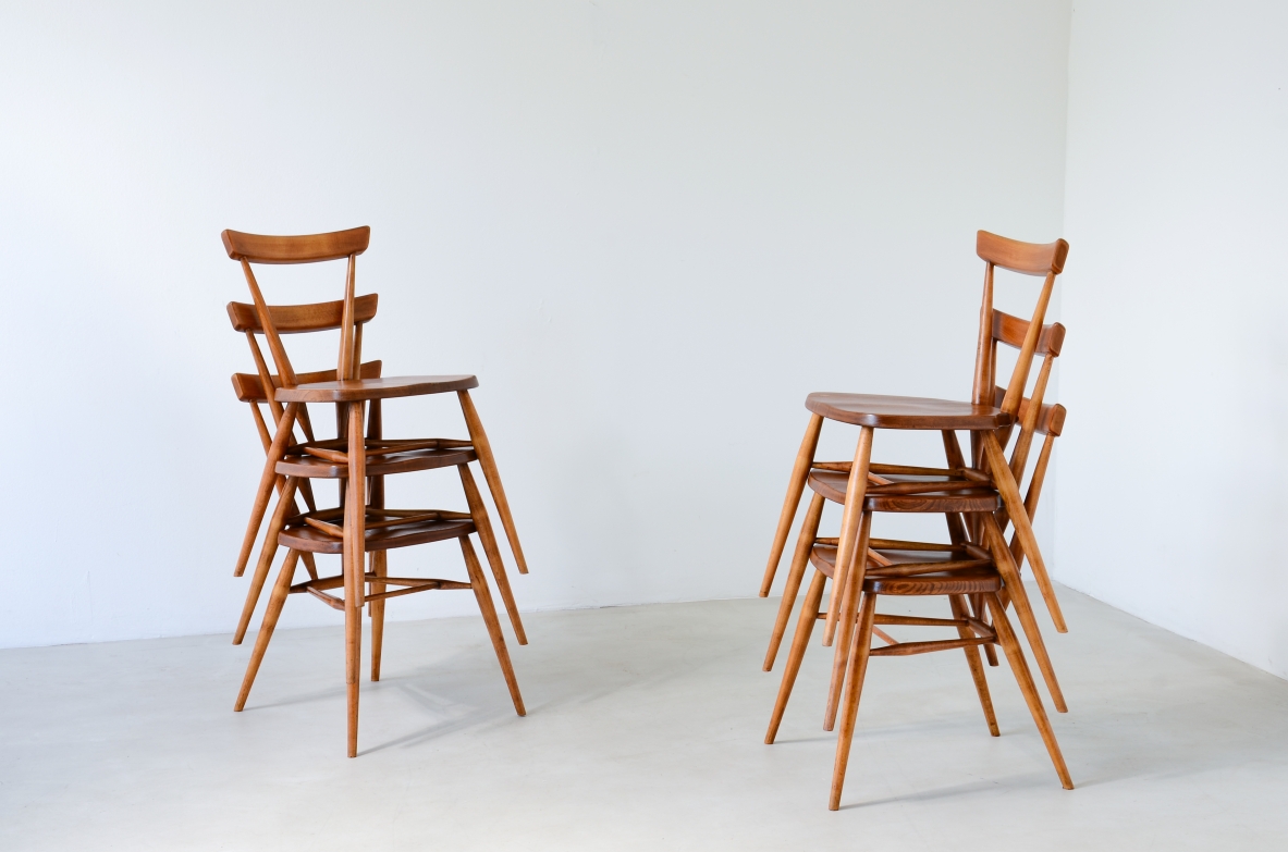 Paul McCobb  Set di 6 raffinate sedie in rovere.   Manifattura Uk, 1950ca.