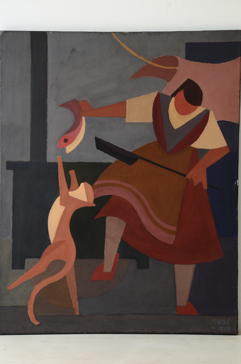 Orazio Orazi (1906-1979)  Tempera su tela Untitled (I galli)  1949  firma e data sul fronte  Pittore italiano molto attivo all'estero, riconosciuto con il nome di Orazì e membro dell'ecole de Paris. La sua carriera caratterizzata dal legame con le avangua