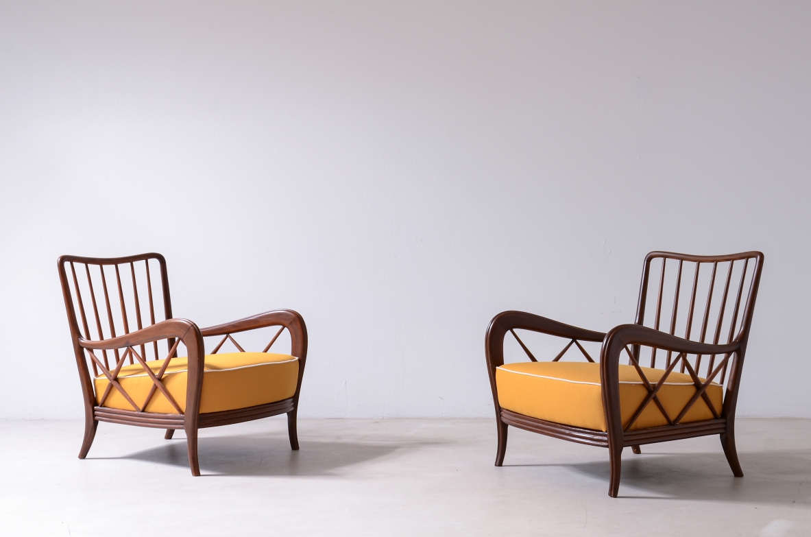 Paolo Buffa, Pair of cherrywood armchairs with upholstered seat