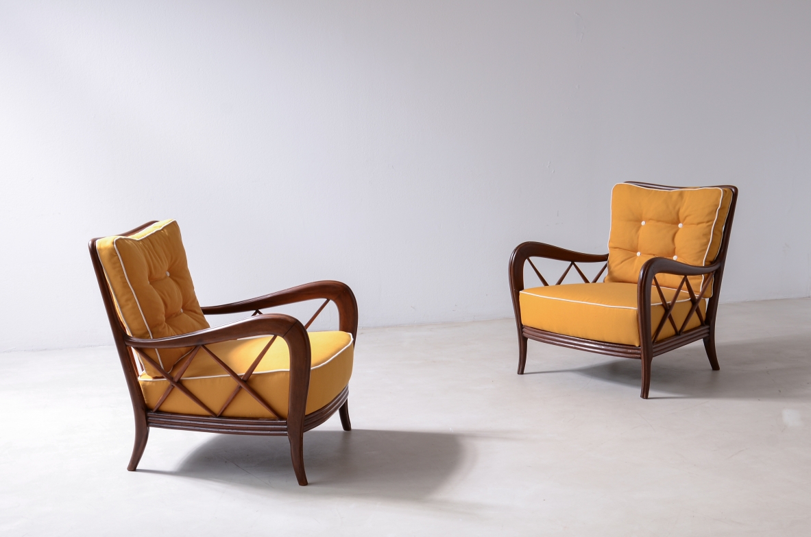 Paolo Buffa, Pair of cherrywood armchairs with upholstered seat