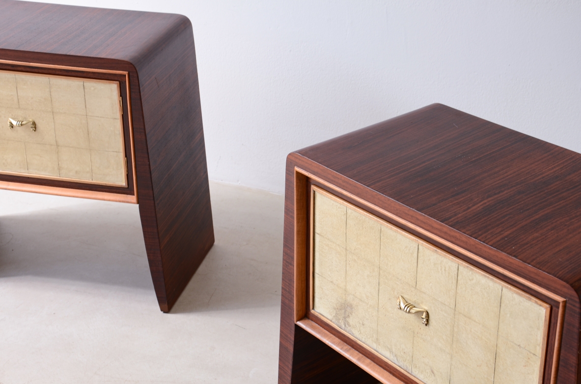 Attr. Paolo Buffa  Pair of wooden bedside tables with pyramid uprights.  Italian manufacture, ca. 1940.