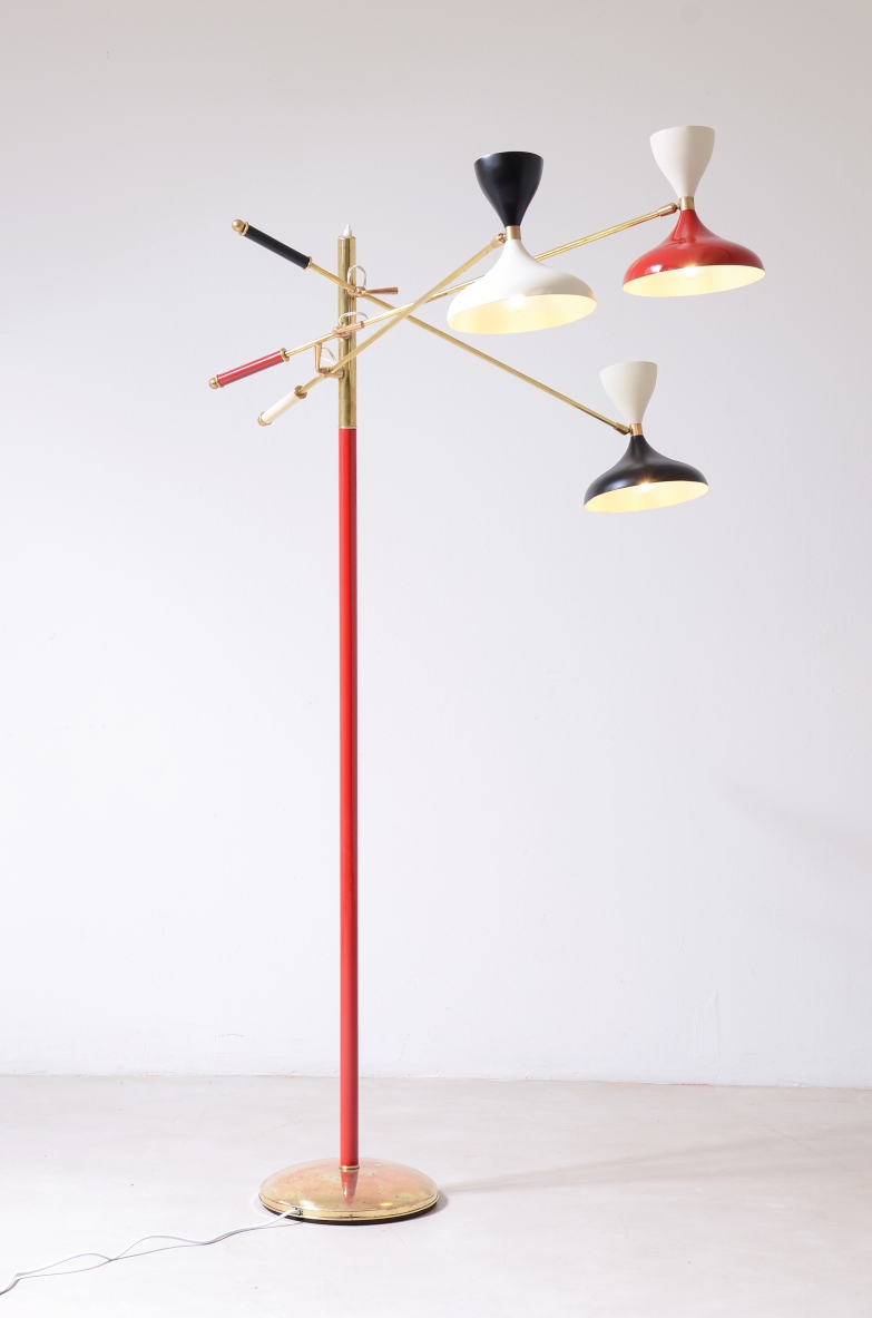 Stilnovo Milano  Rare lamp with colored brass stem and three arms 1950's