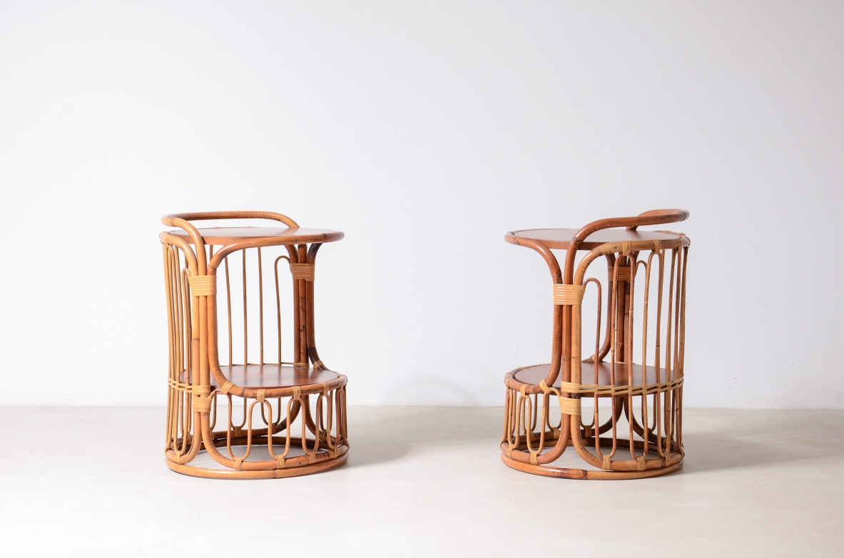 Pair of rattan nightstands with two wooden shelves.Italian manufacture 1960's