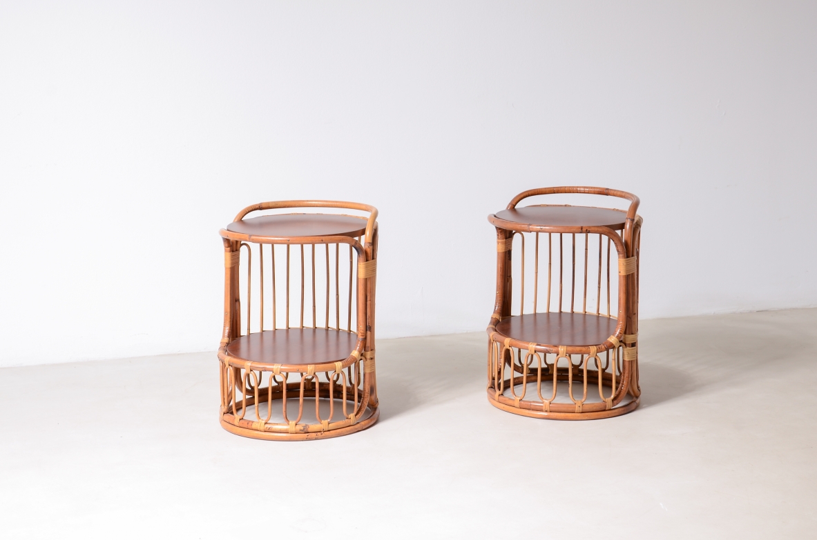 Pair of rattan nightstands with two wooden shelves.Italian manufacture 1960's