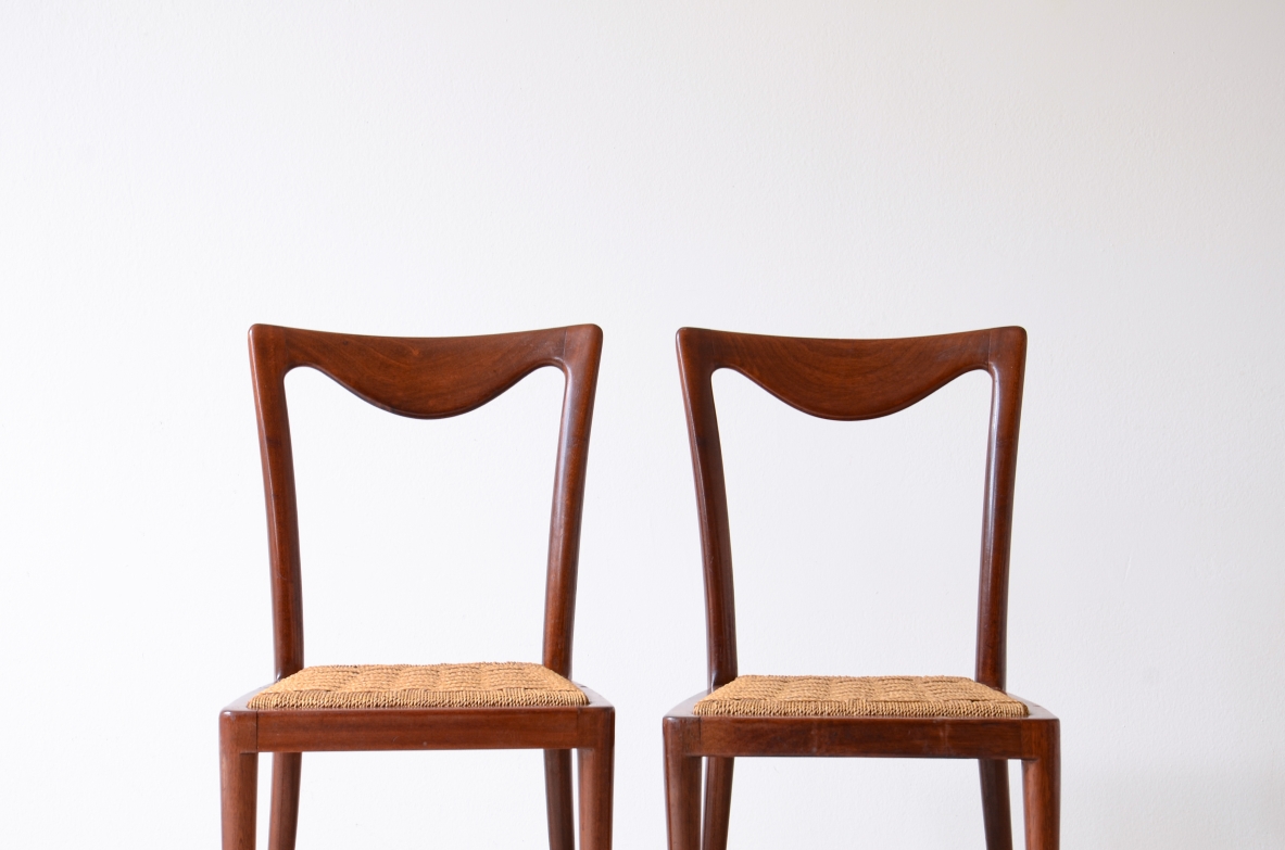 Carlo Enrico Rava, Group of six elegant chairs in shaped wood and rope seat.  Italian manufacture, 1940