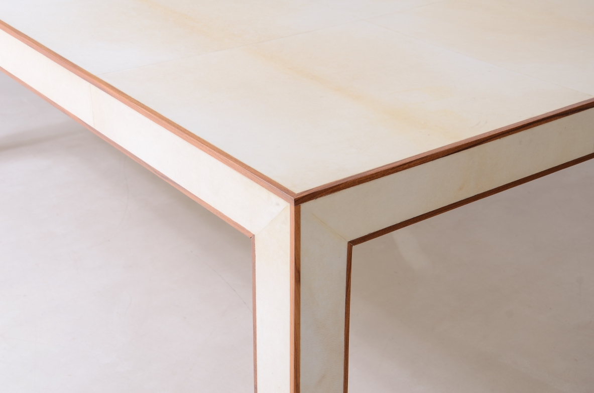 Large table covered in parchment Manufactured by Tura, Milano, 1990.