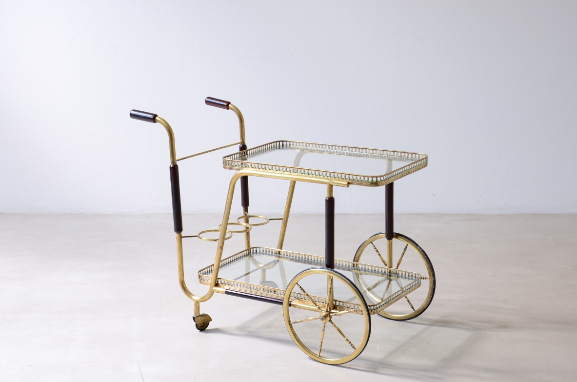 Carrello bar primi anni '50 in ottone con dettagli in legno ebanizzato 