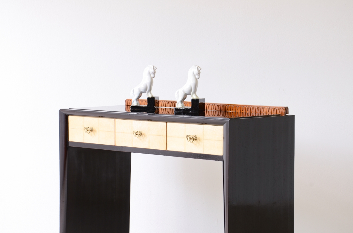 ABV Borsani Varedo  Elegant stained oak console table with carved wood motif