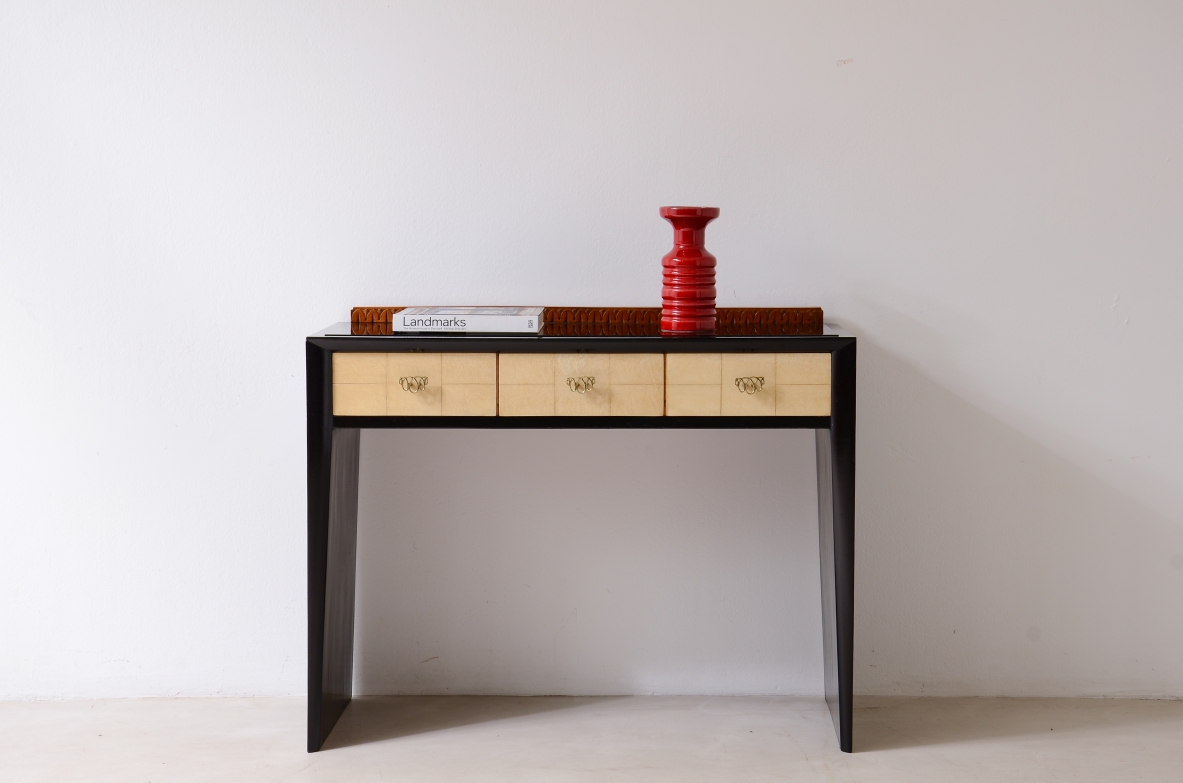 ABV Borsani Varedo  Elegant stained oak console table with carved wood motif