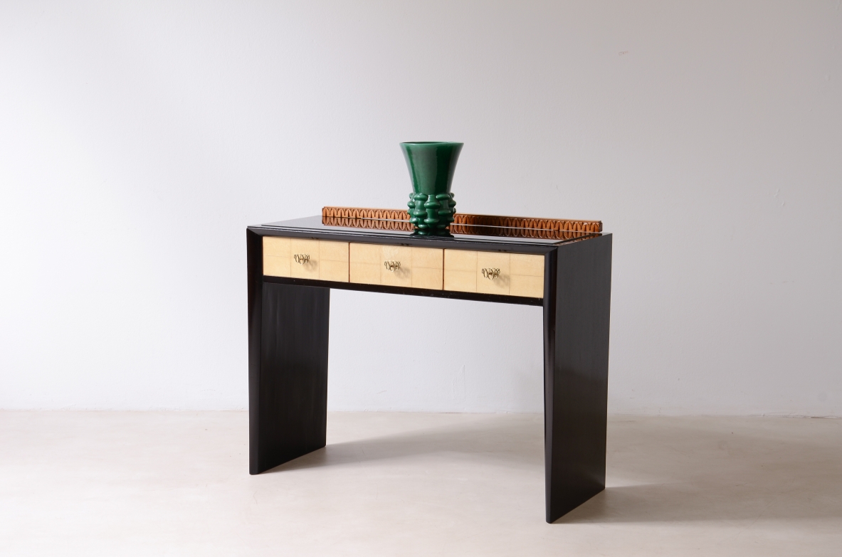 ABV Borsani Varedo  Elegant stained oak console table with carved wood motif
