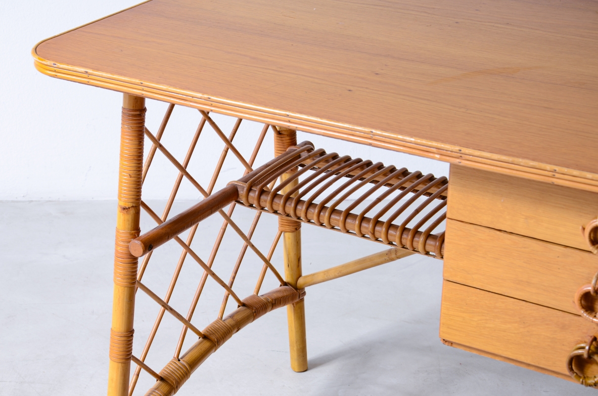 Oak and white woven center desk. Made in France, ca. 1960.
