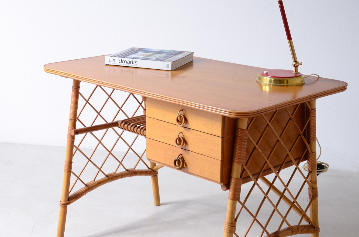 Oak and white woven center desk. Made in France, ca. 1960.