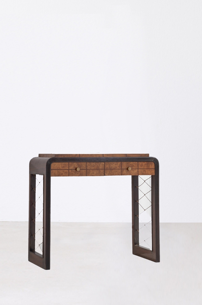 Console in legno ebanizzato con filettature sul piano in radica di noce, Manifattura italiana, 1930ca.