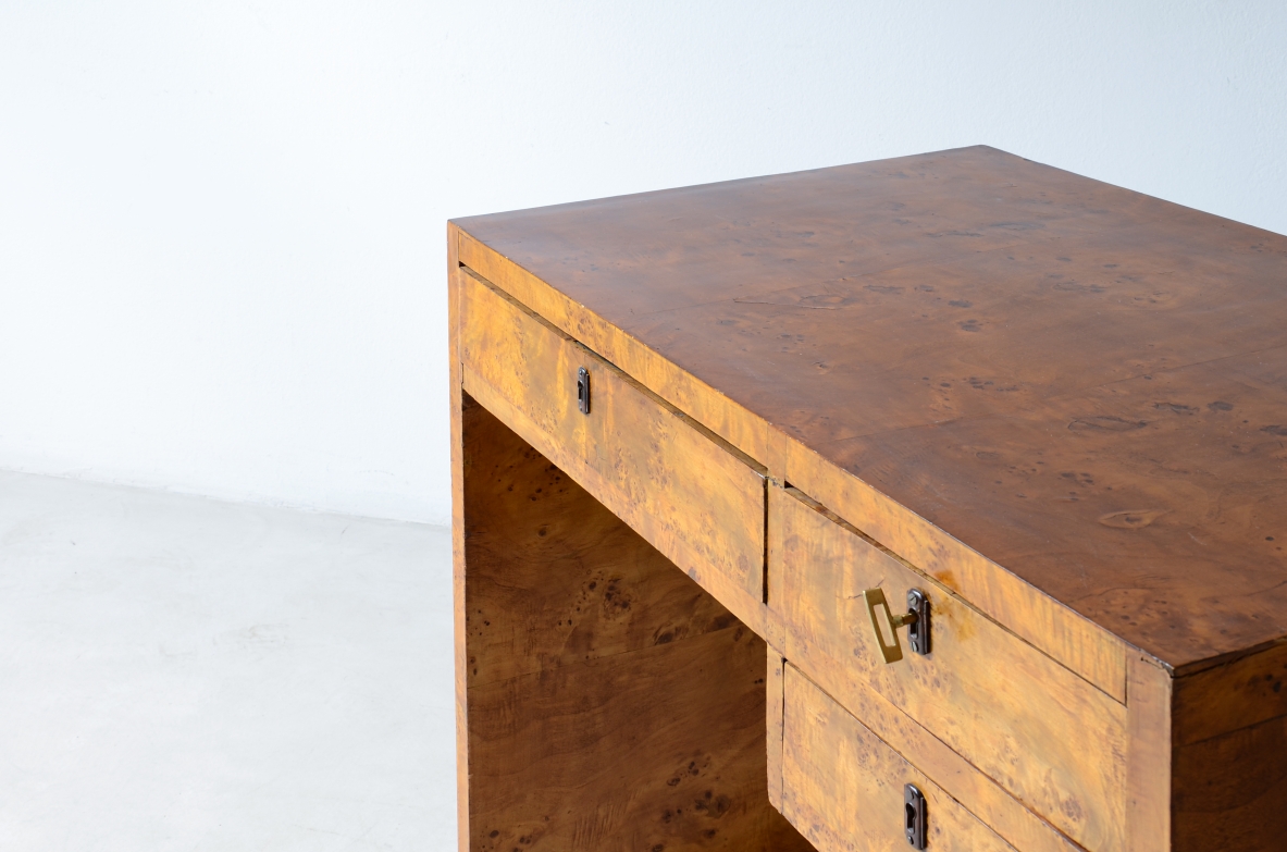 Small burl maple center desk with three drawers. Italian manufacture, circa 1930/40.