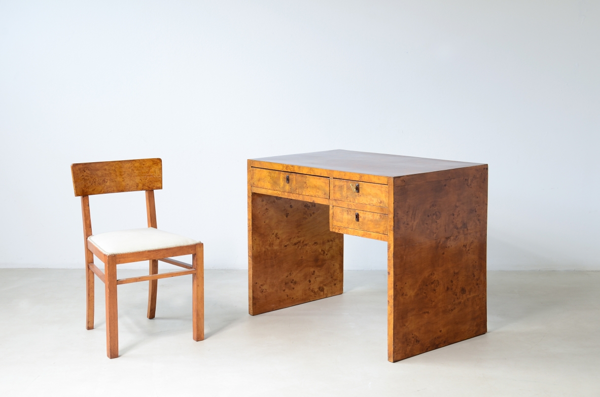 Small burl maple center desk with three drawers. Italian manufacture, circa 1930/40.