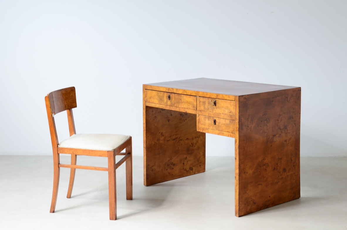 Small burl maple center desk with three drawers. Italian manufacture, circa 1930/40.