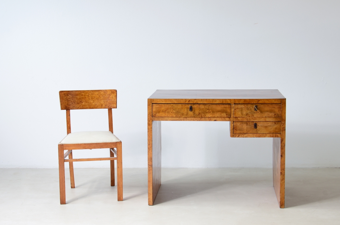 Small burl maple center desk with three drawers. Italian manufacture, circa 1930/40.