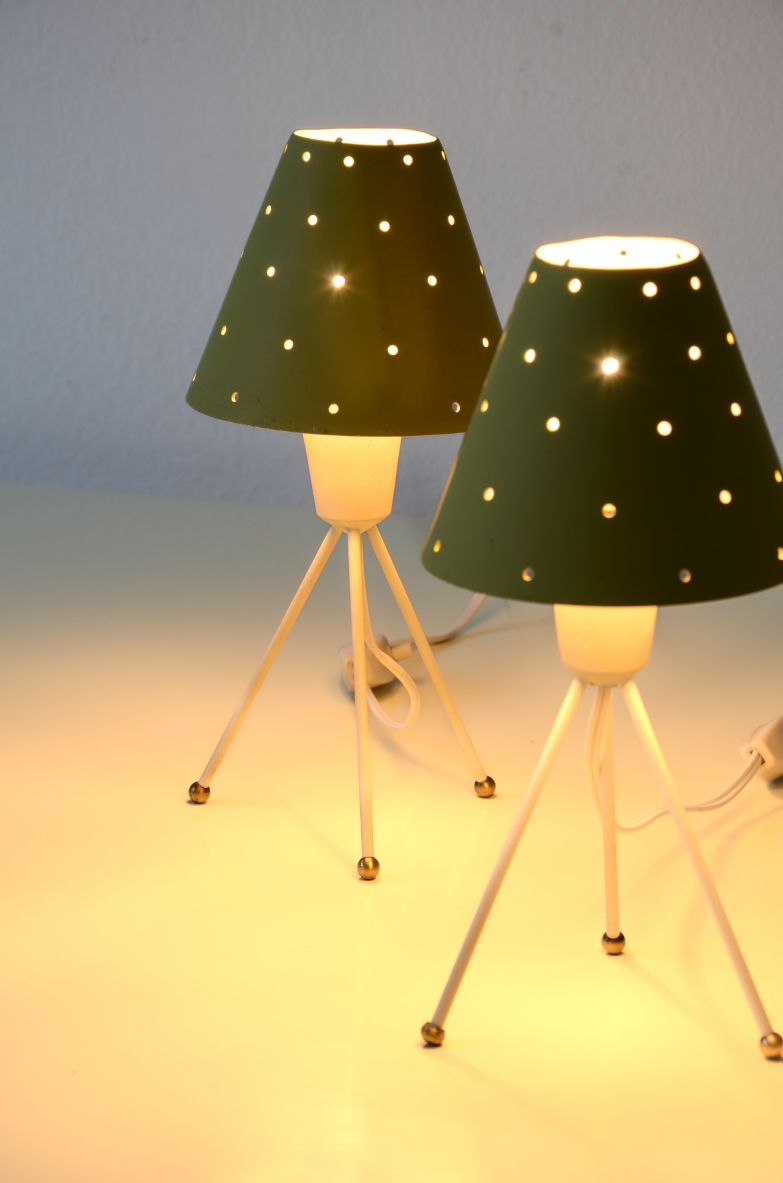 Pair of small metal lamps with original yellow shades 1950's