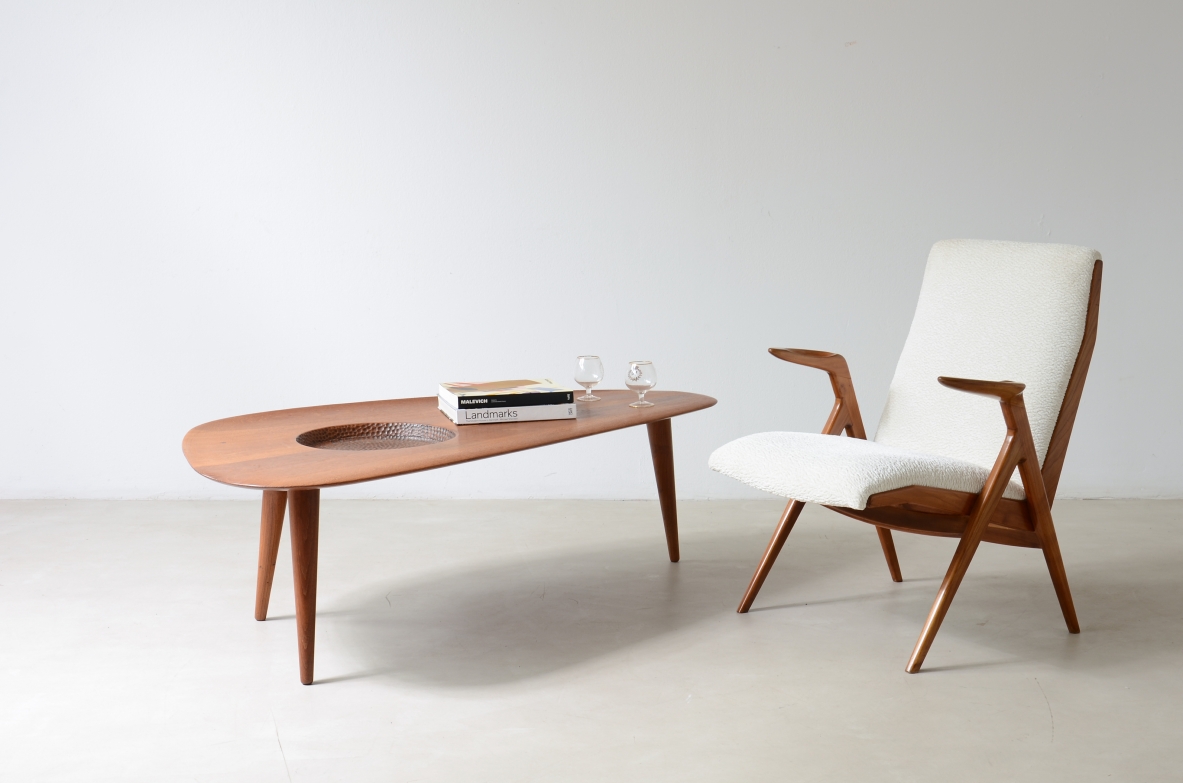 1950's  large coffee table with an organically shaped solid wood top