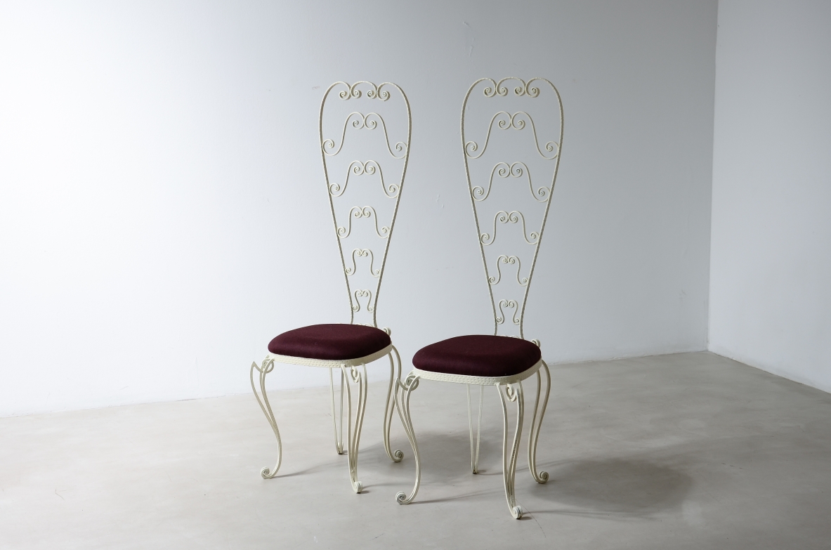 Pierluigi Colli 1950's Two wrought iron chairs with high backs decorated with curls