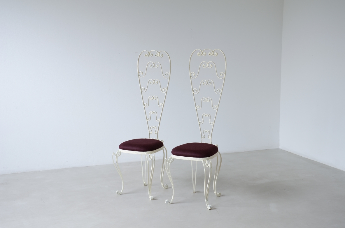Pierluigi Colli 1950's Two wrought iron chairs with high backs decorated with curls