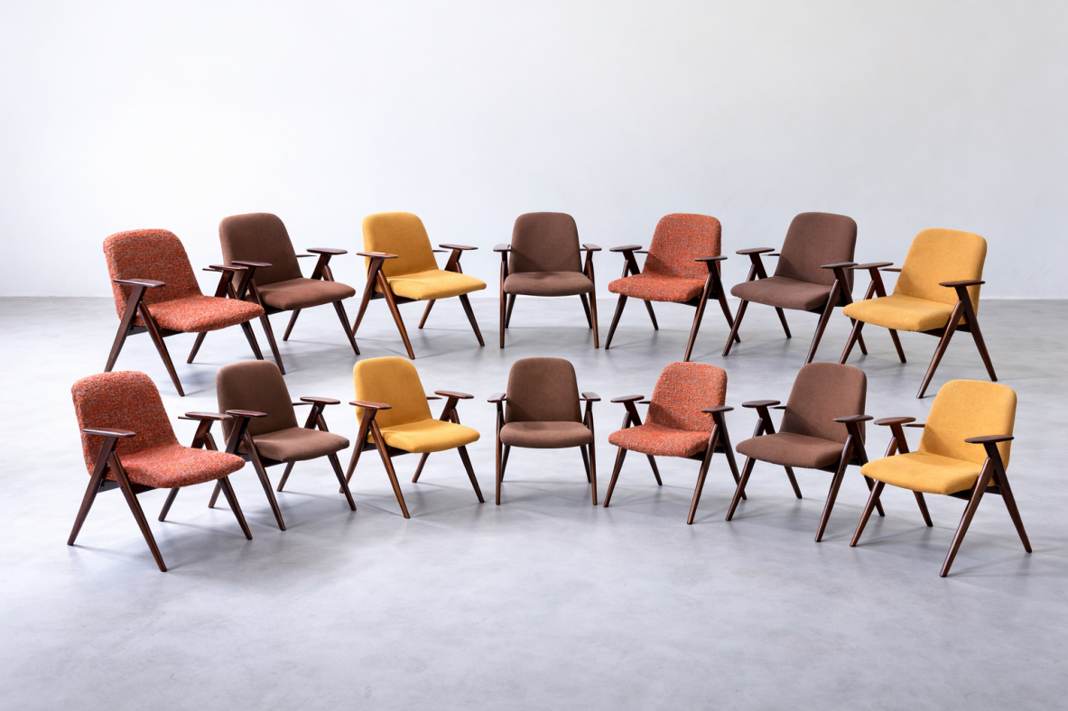 Luigi Vietti 14 elegant armchairs in wood and padded fabric.1960's
