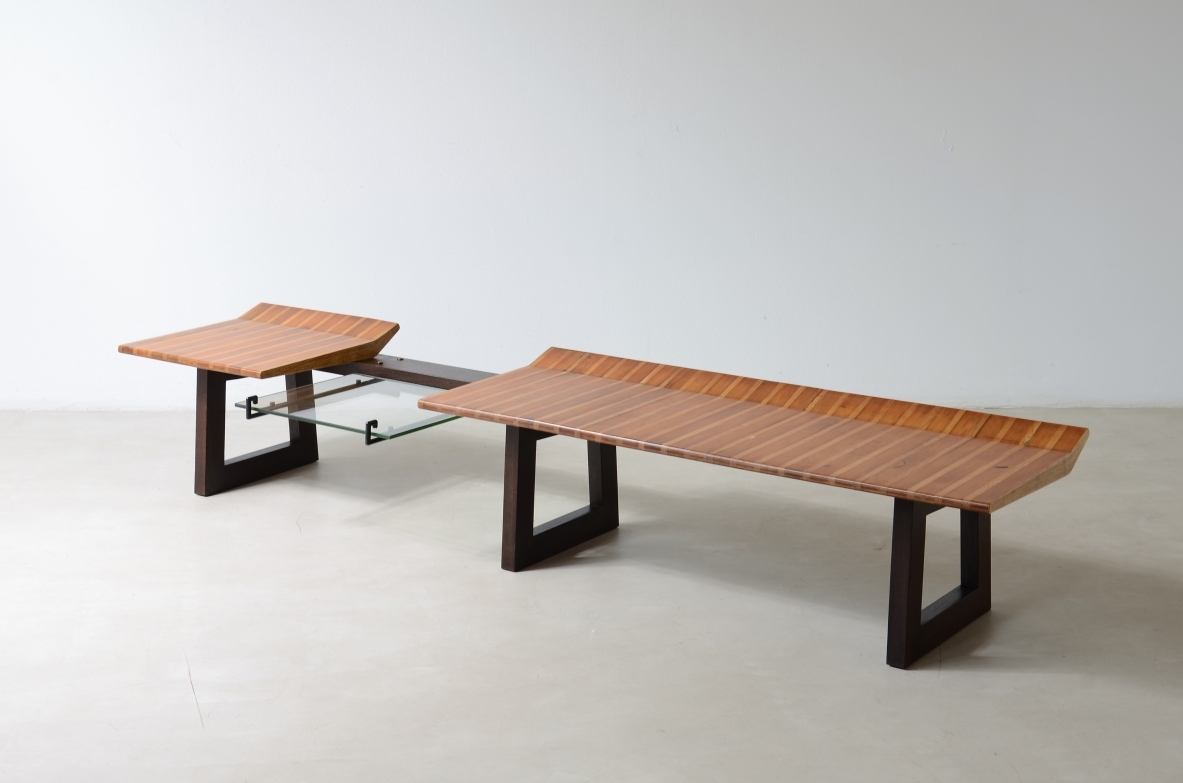 Martin Eisler Large bench with polychrome wood seat