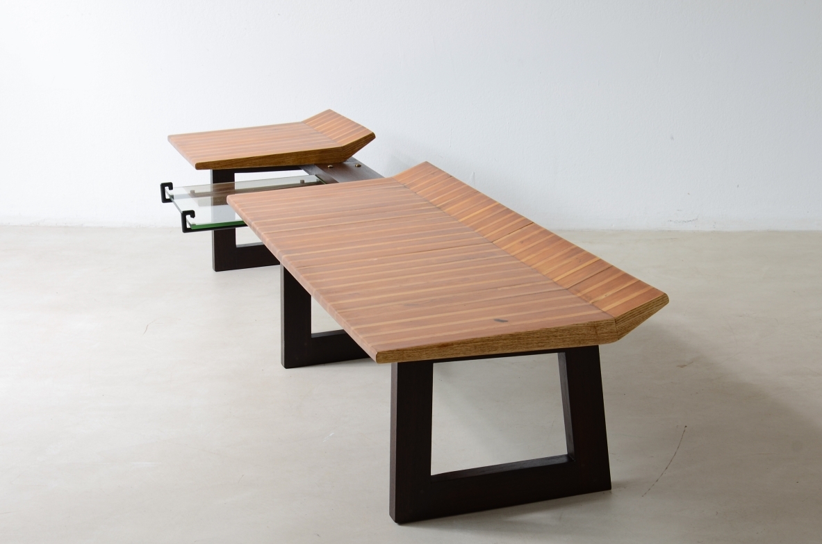 Martin Eisler Large bench with polychrome wood seat