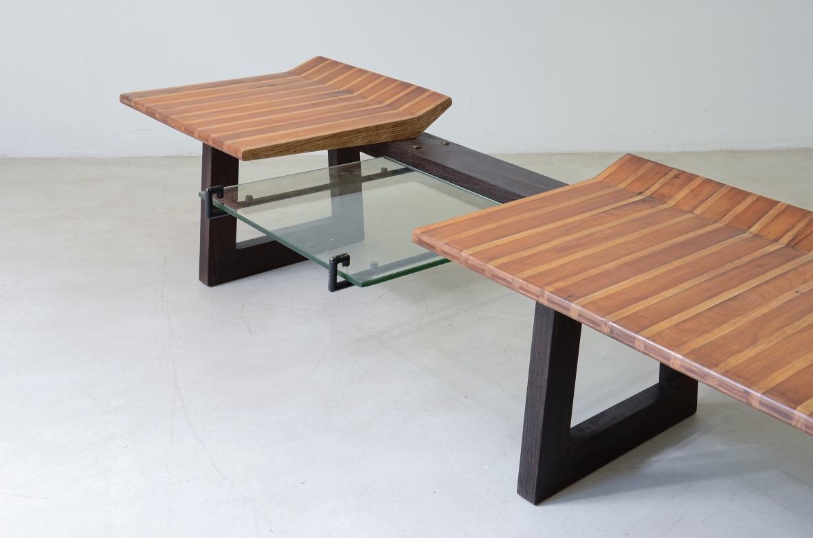 Martin Eisler Large bench with polychrome wood seat