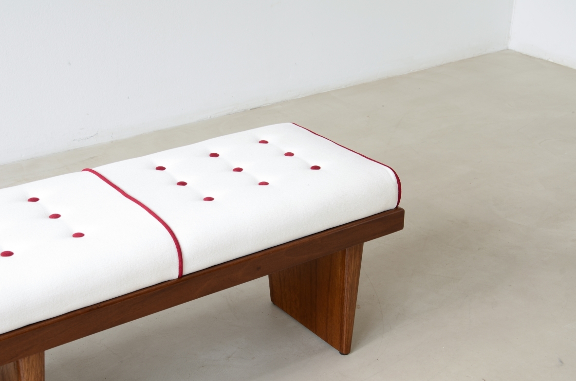 Very elegant bench with wooden frame and three uprights, 1950