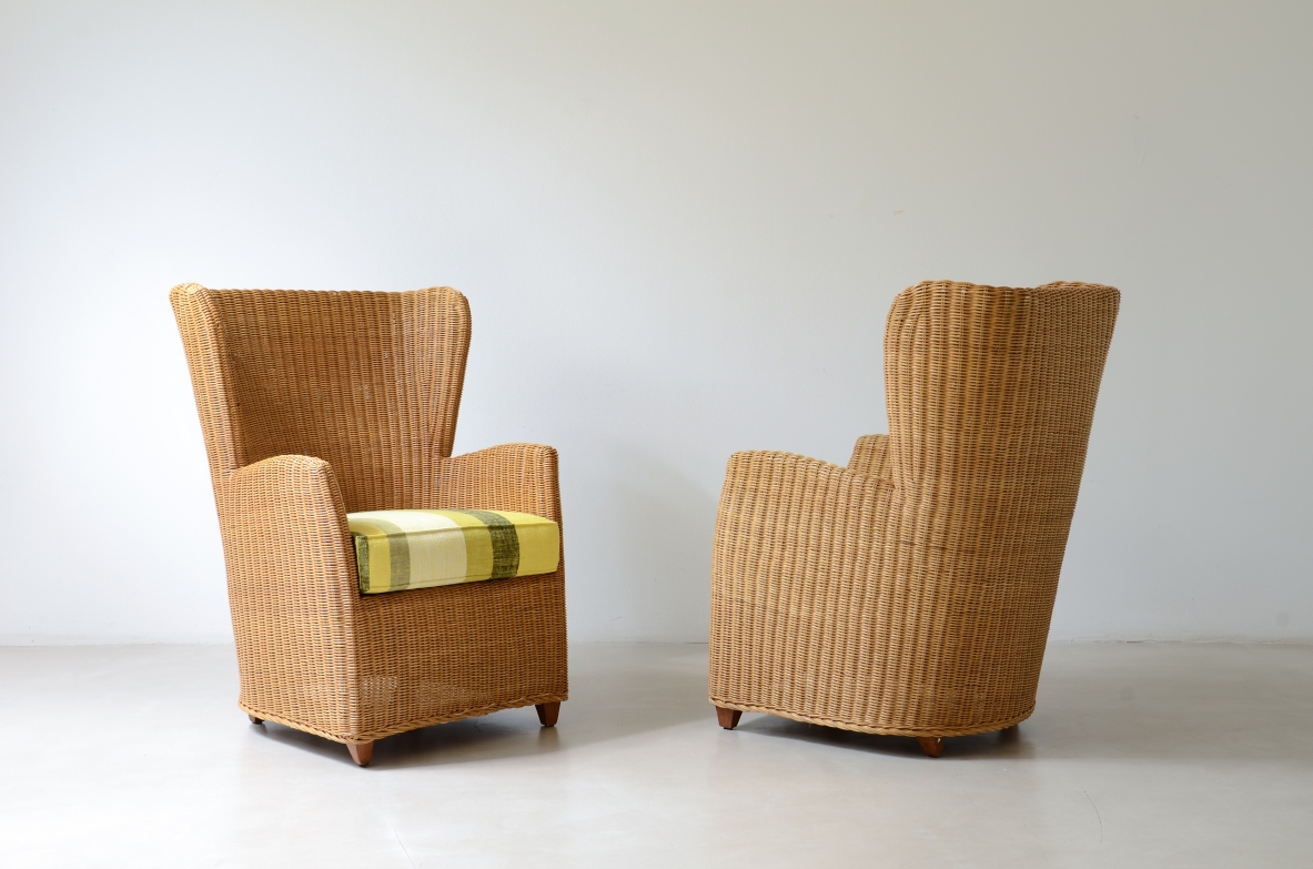 Two large woven rattan armchairs, Italian manufacture