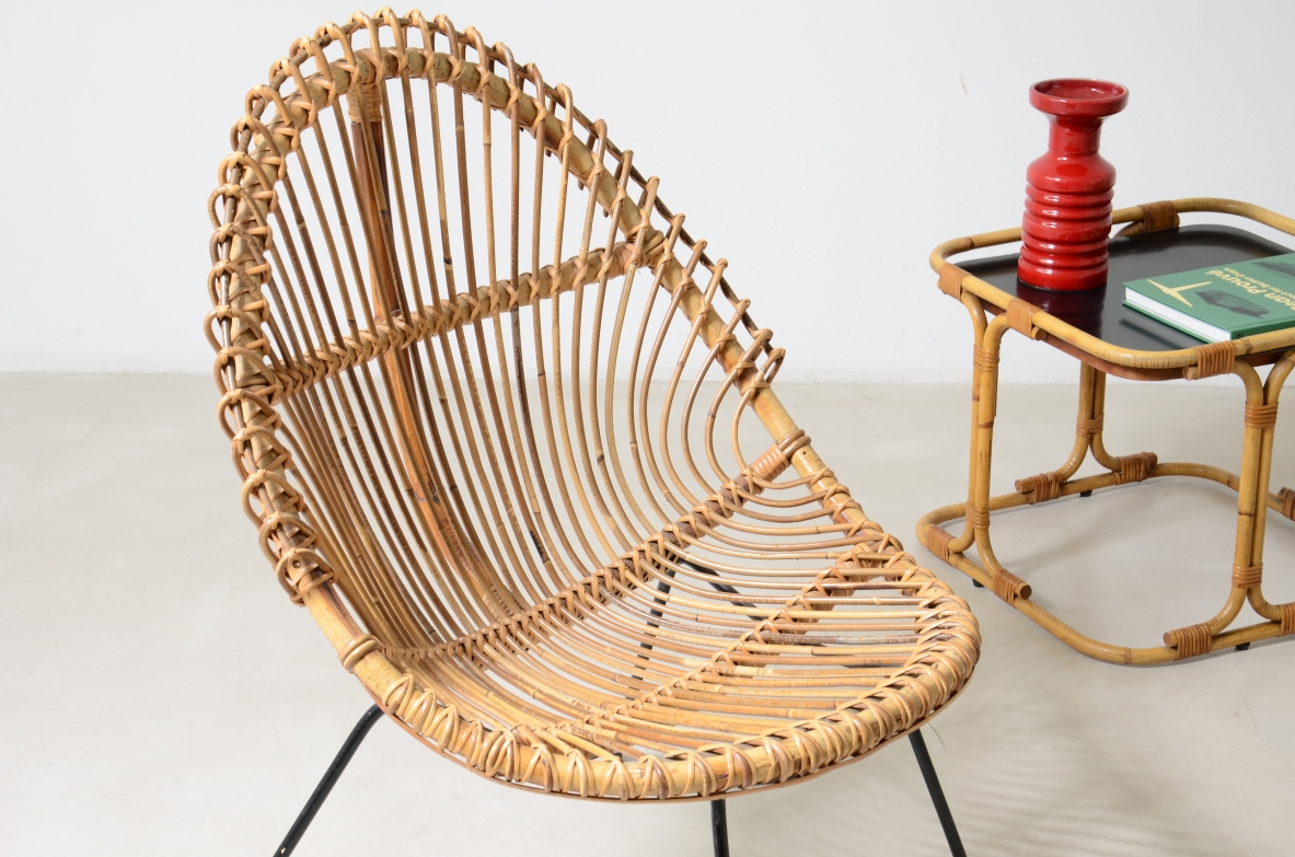 Pair of nice curved rattan chairs with metal legs, Italy1950's.