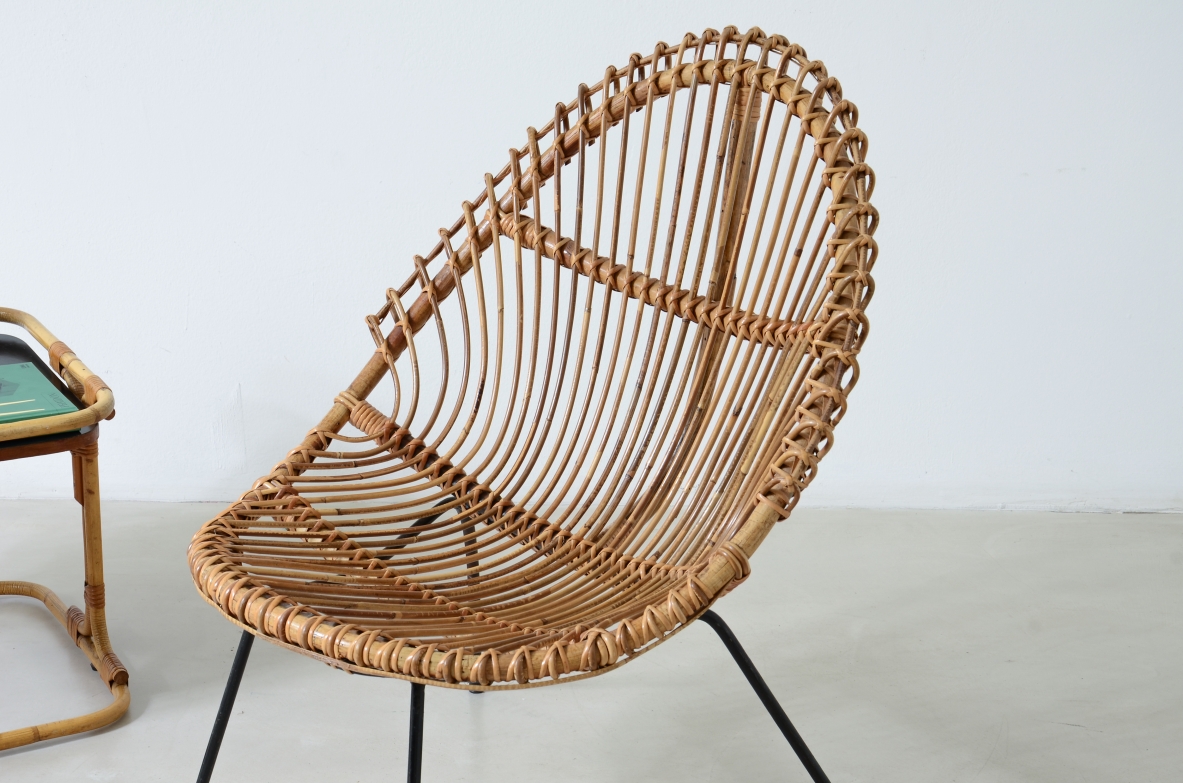 Pair of nice curved rattan chairs with metal legs, Italy1950's.