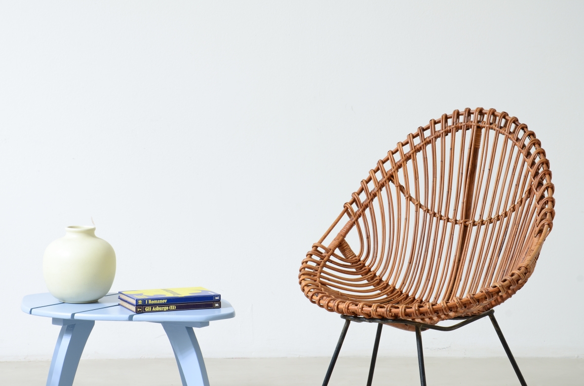 Coppia di poltroncine a pozzetto in rattan curvato, Bonacina Italia, 1950ca.