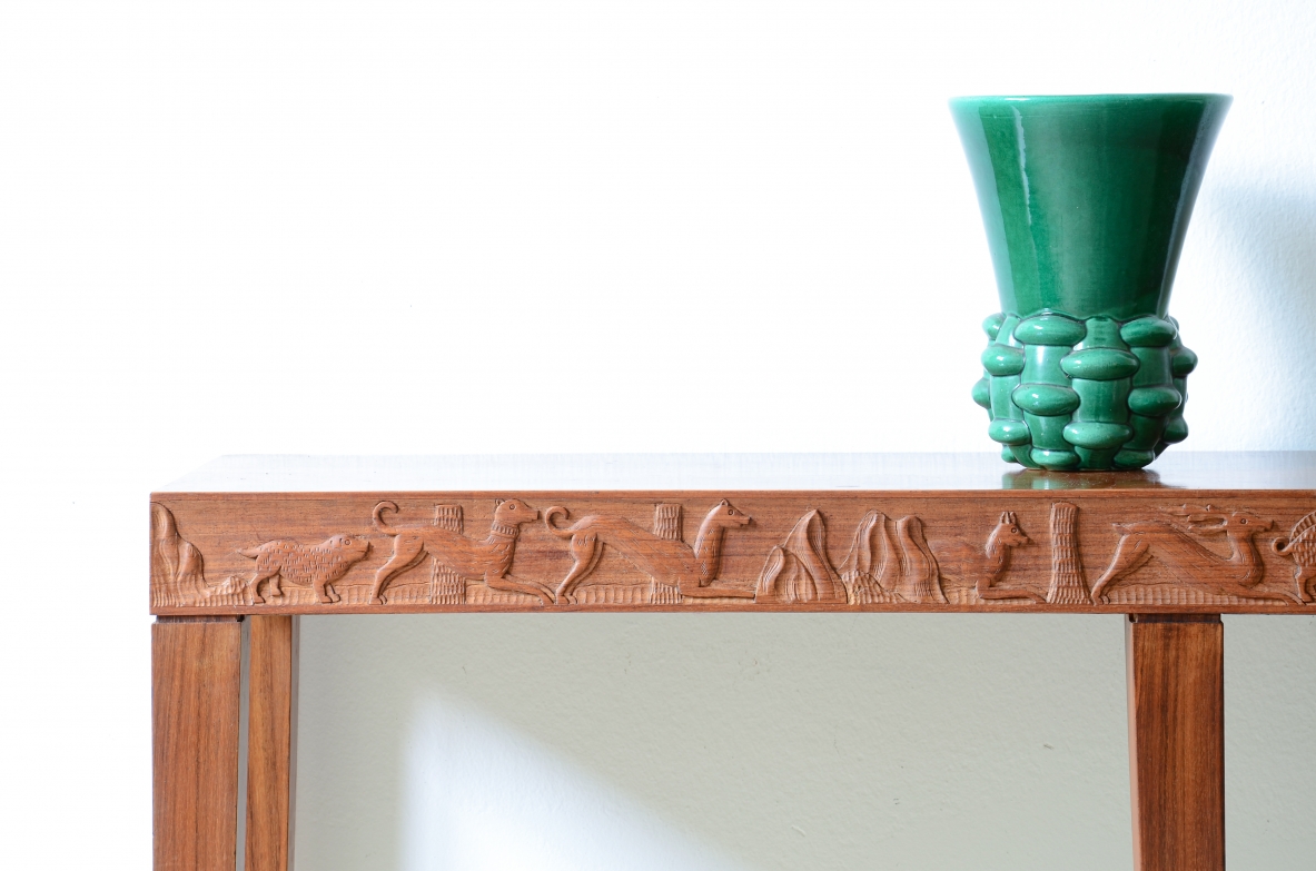 Elegant oak console table with a finely carved band featuring hunting scenes 1935