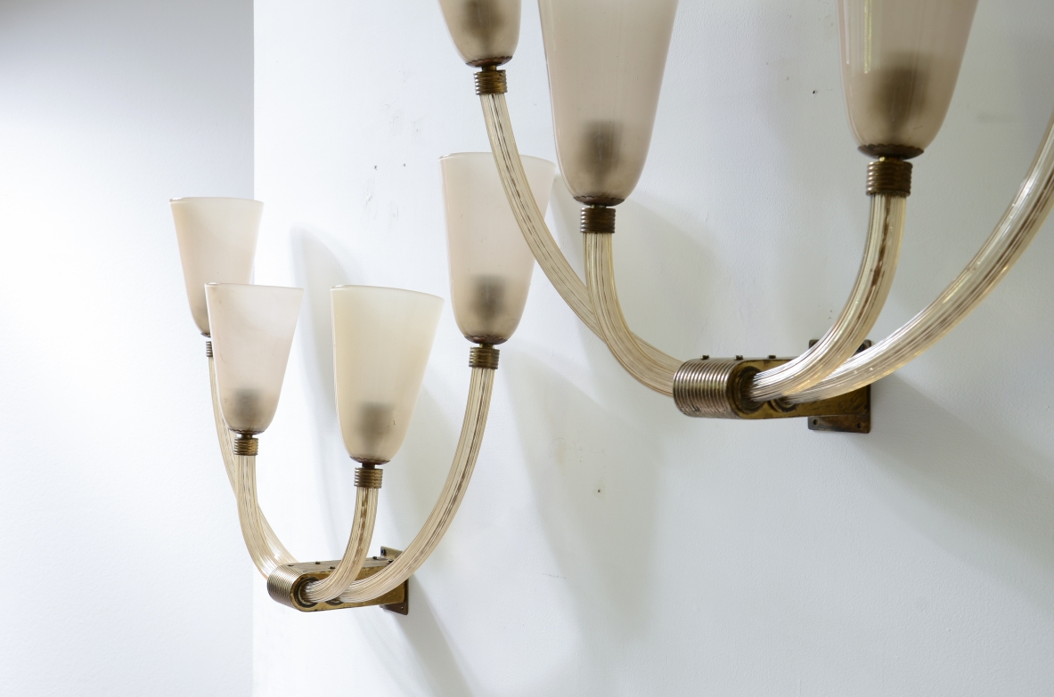 Coppia di grandi applique a tre bracci in vetro di Archimede Seguso, 1940