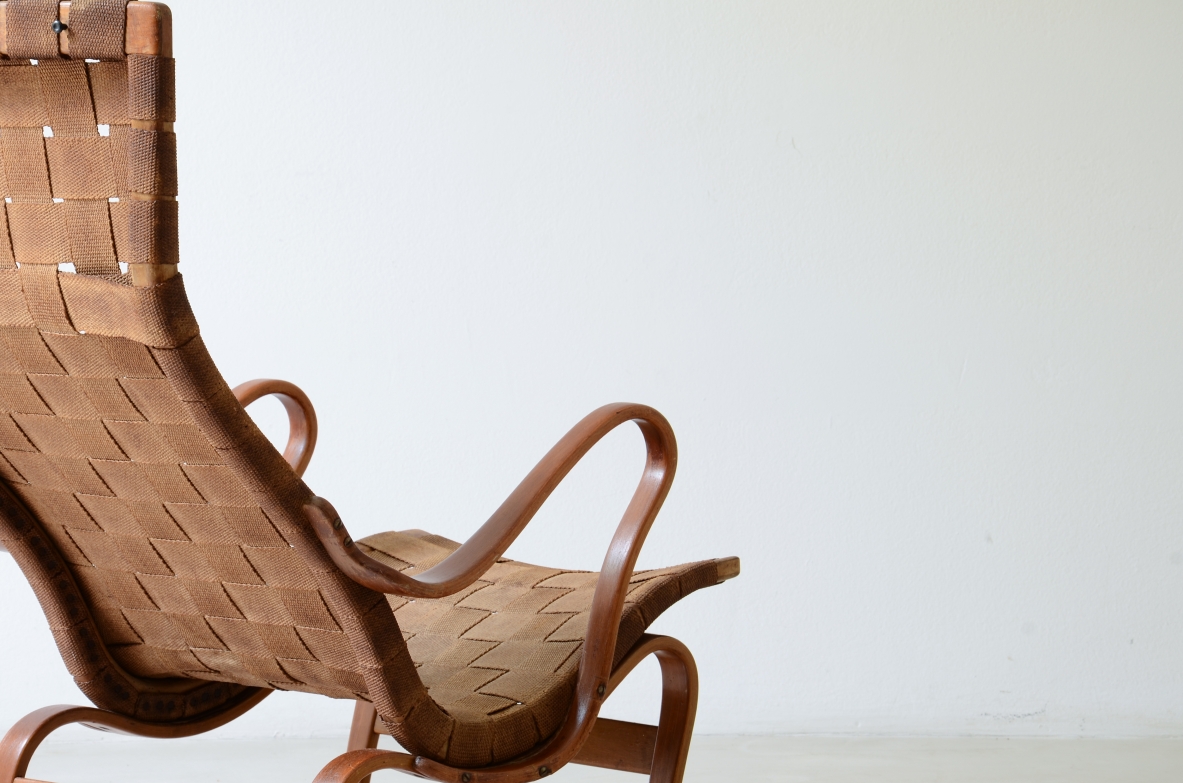 Bruno Mathsson Pernilla armchair, bent beech and woven fabric Swedish manufacture, 1944.