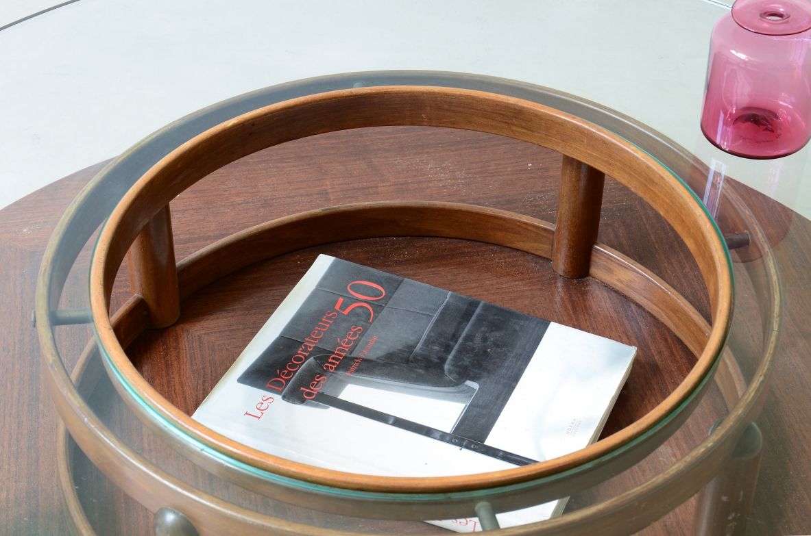 Gianfranco Frattini Large coffee table with wooden top and thick glass