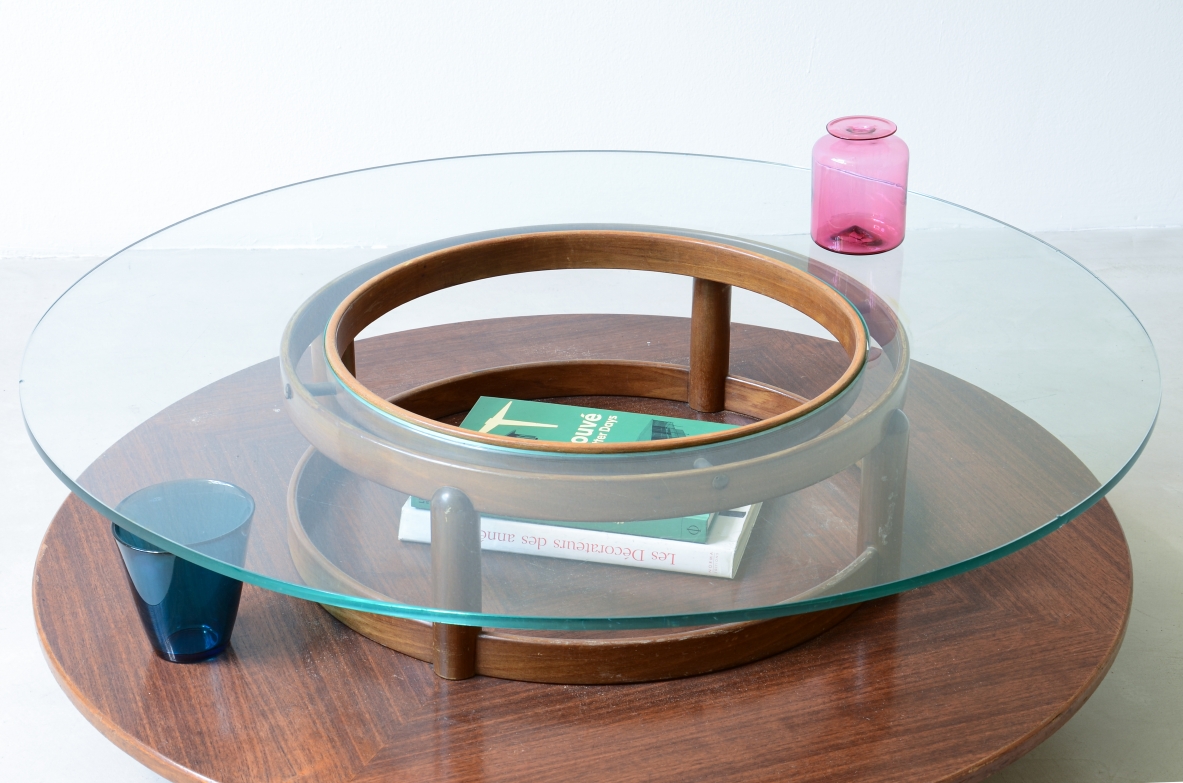 Gianfranco Frattini Large coffee table with wooden top and thick glass