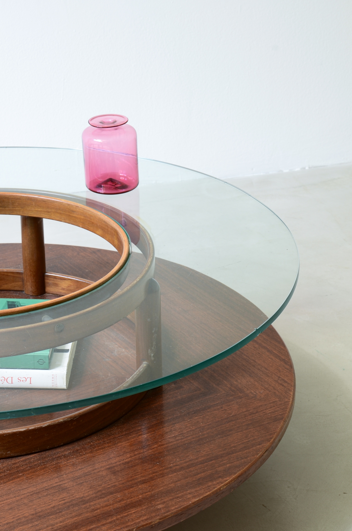 Gianfranco Frattini Large coffee table with wooden top and thick glass