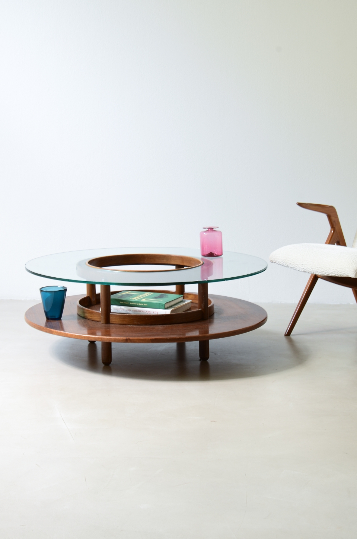 Gianfranco Frattini Large coffee table with wooden top and thick glass
