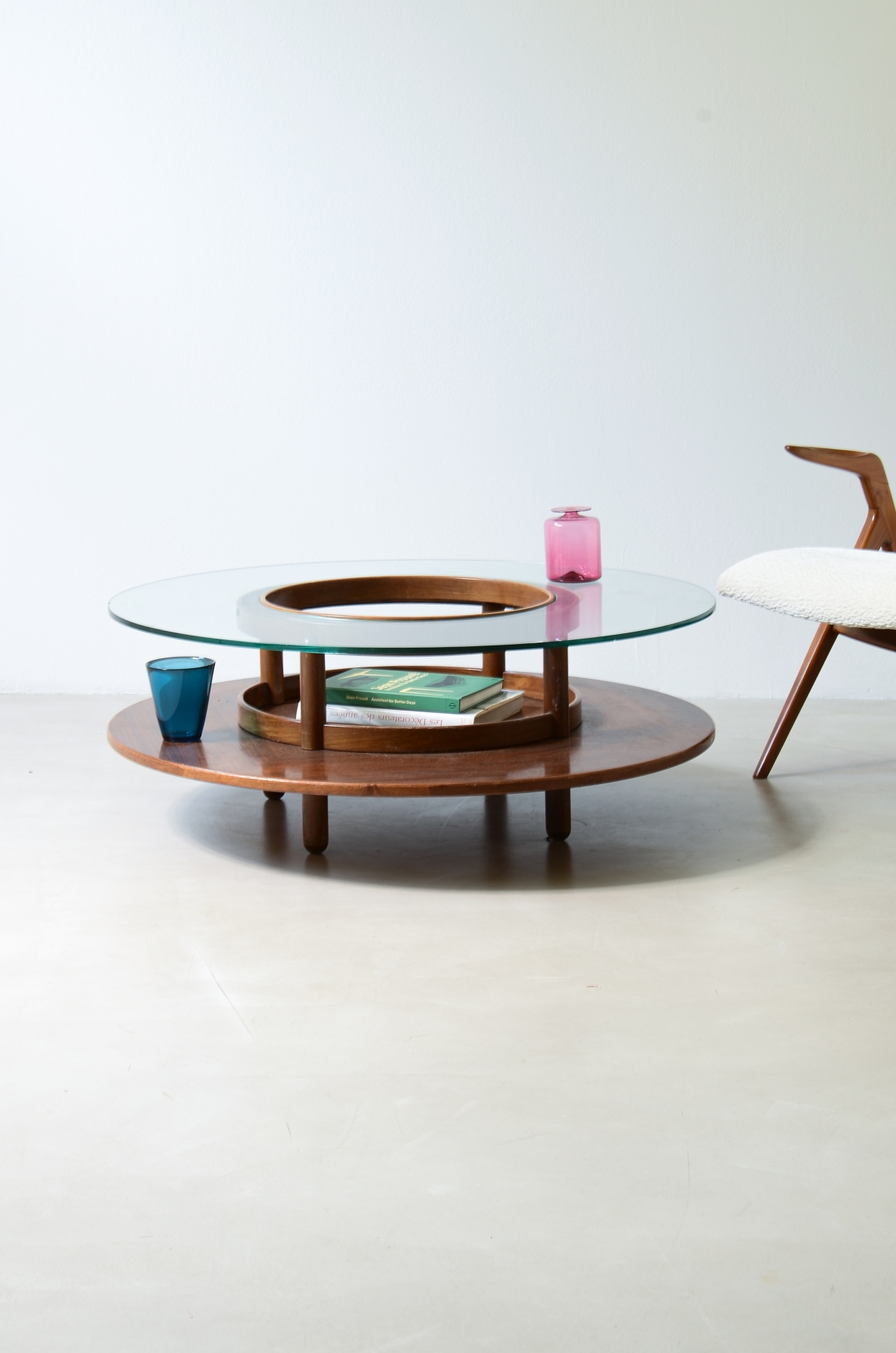 Gianfranco Frattini Large coffee table with wooden top and thick glass