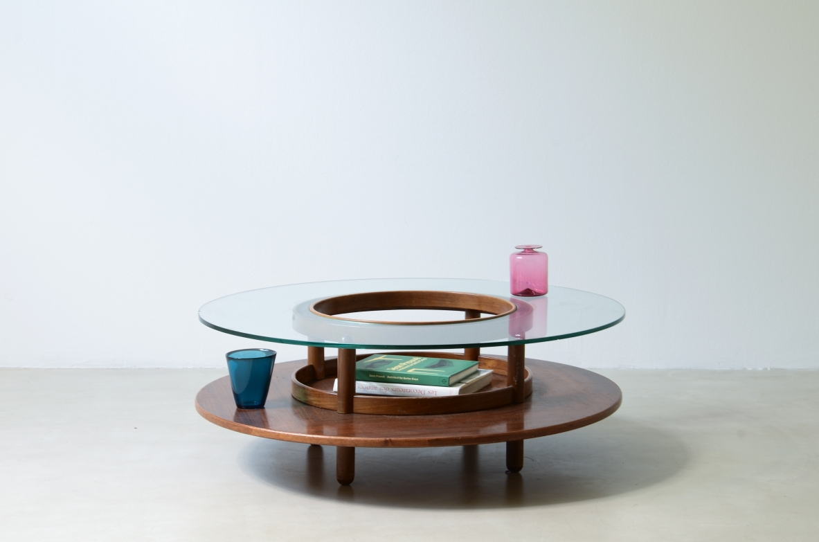 Gianfranco Frattini Large coffee table with wooden top and thick glass