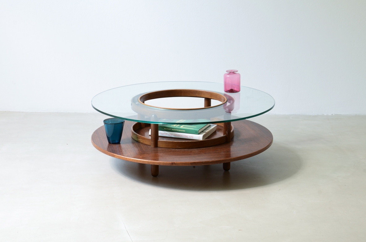 Gianfranco Frattini Large coffee table with wooden top and thick glass