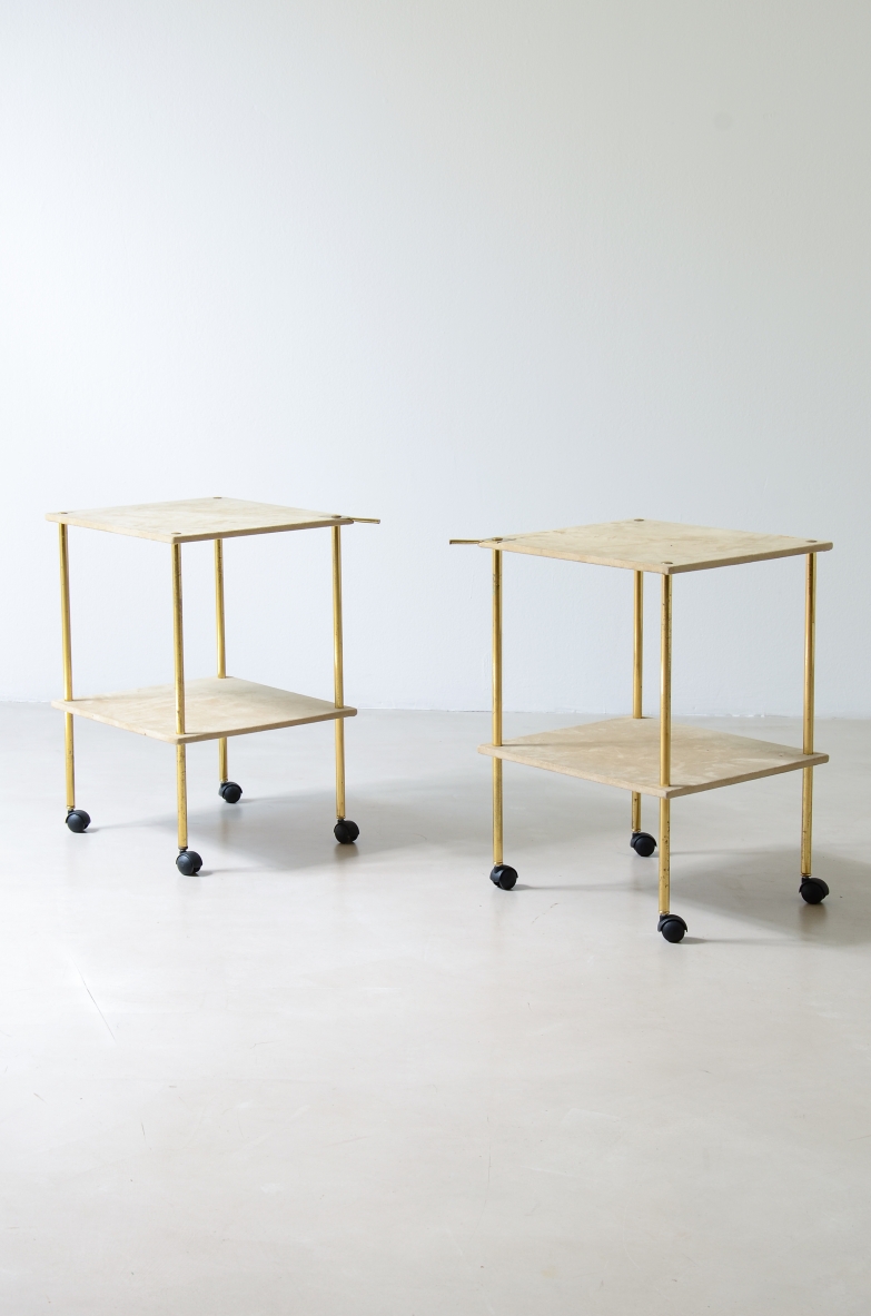 Pair of 1955 Azucena brass side tables with two fabric-covered shelves, designed by Gardella and Caccia Dominioni.