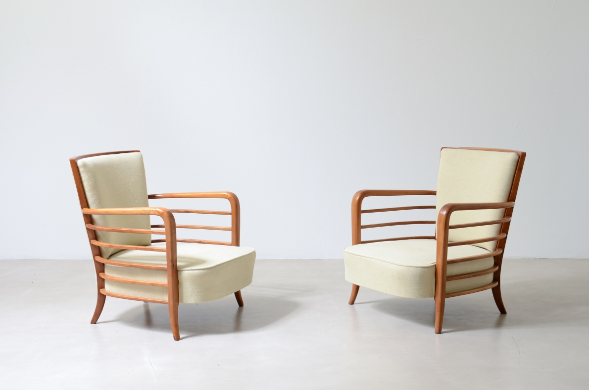 Pair of shaped cherrywood armchairs. Attribution: Paolo Buffa, ca. 1940.