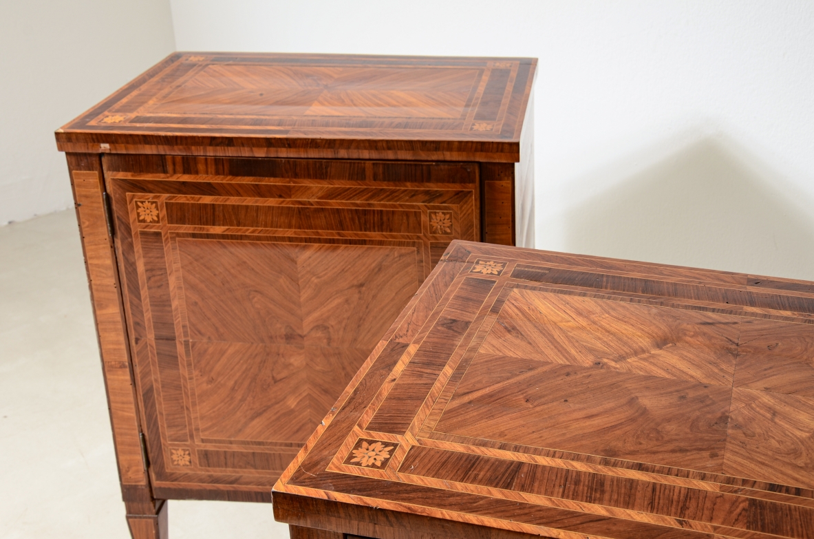 Pair of elegant small cabinets, Italian manufacture, inlaid with fine woods. Louis XVI period, circa 1780–90.