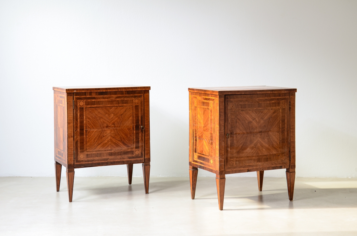 Pair of elegant small cabinets, Italian manufacture, inlaid with fine woods. Louis XVI period, circa 1780–90.