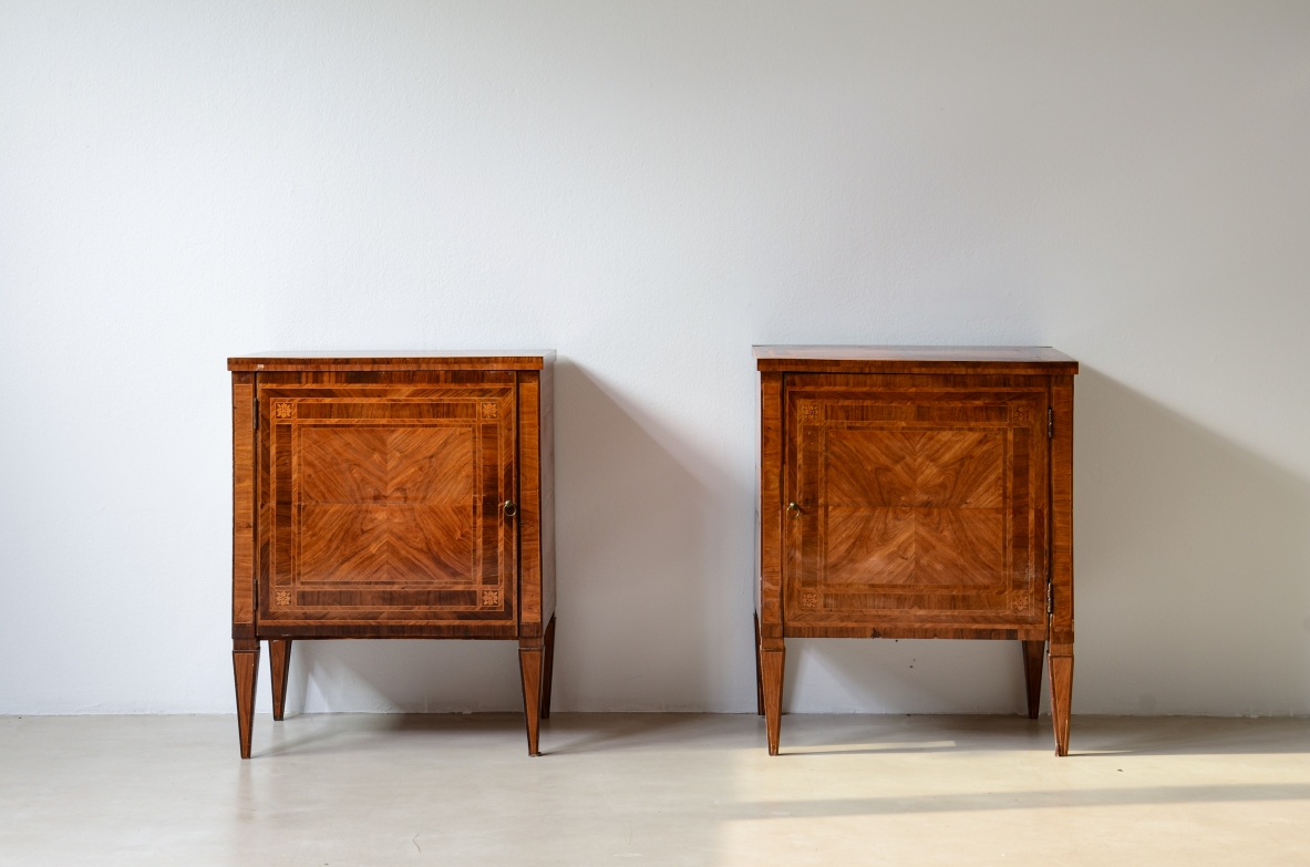 Pair of elegant small cabinets, Italian manufacture, inlaid with fine woods. Louis XVI period, circa 1780–90.